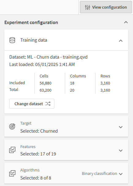 Fare clic per visualizzare a dimensioni complete Pannello di configurazione dell'esperimento con la destinazione selezionata e la selezione predefinita delle funzioni