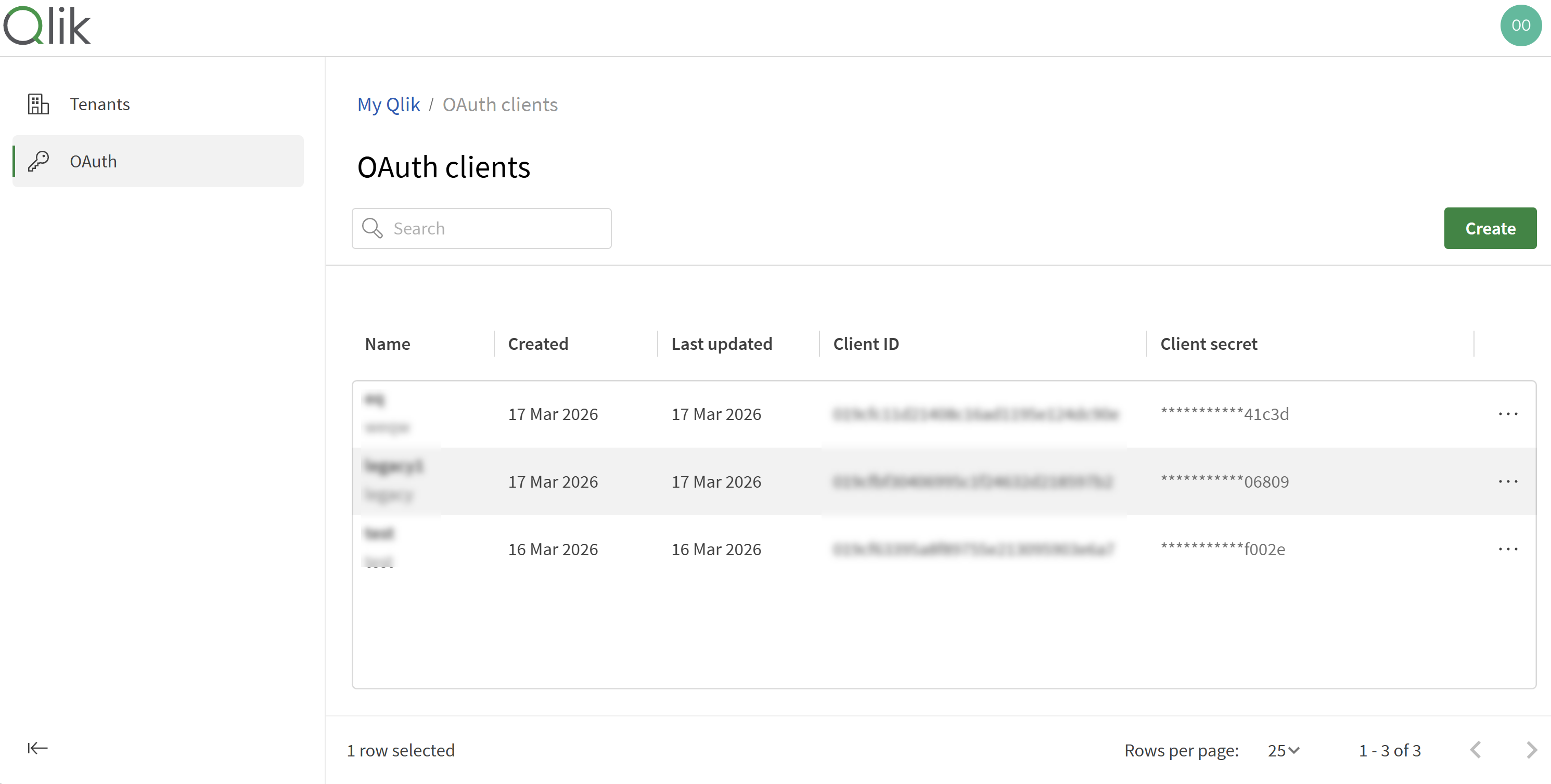 Screenshot della pagina Gestisci client OAuth.