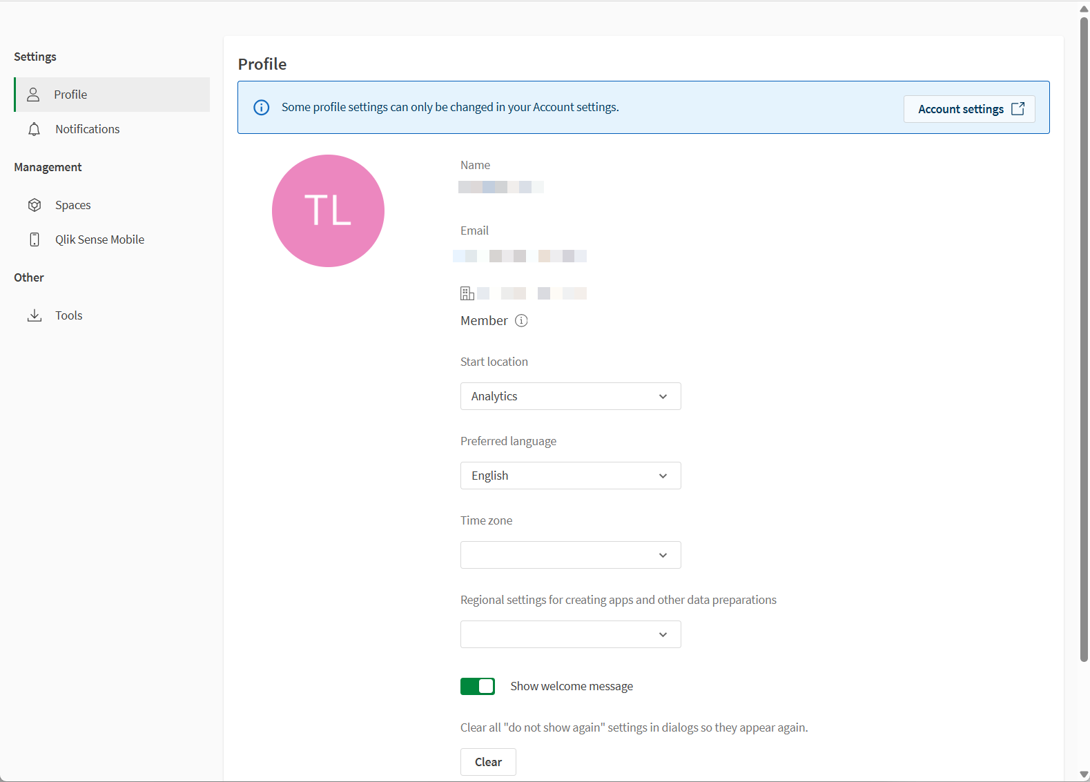 Pagina Impostazioni personali