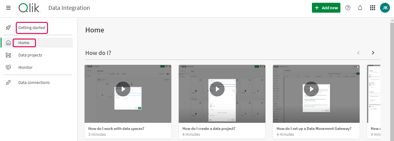 Schermata dell'hub Qlik Cloud con i video che spiegano come utilizzare le diverse funzioni di Integrazione dati.