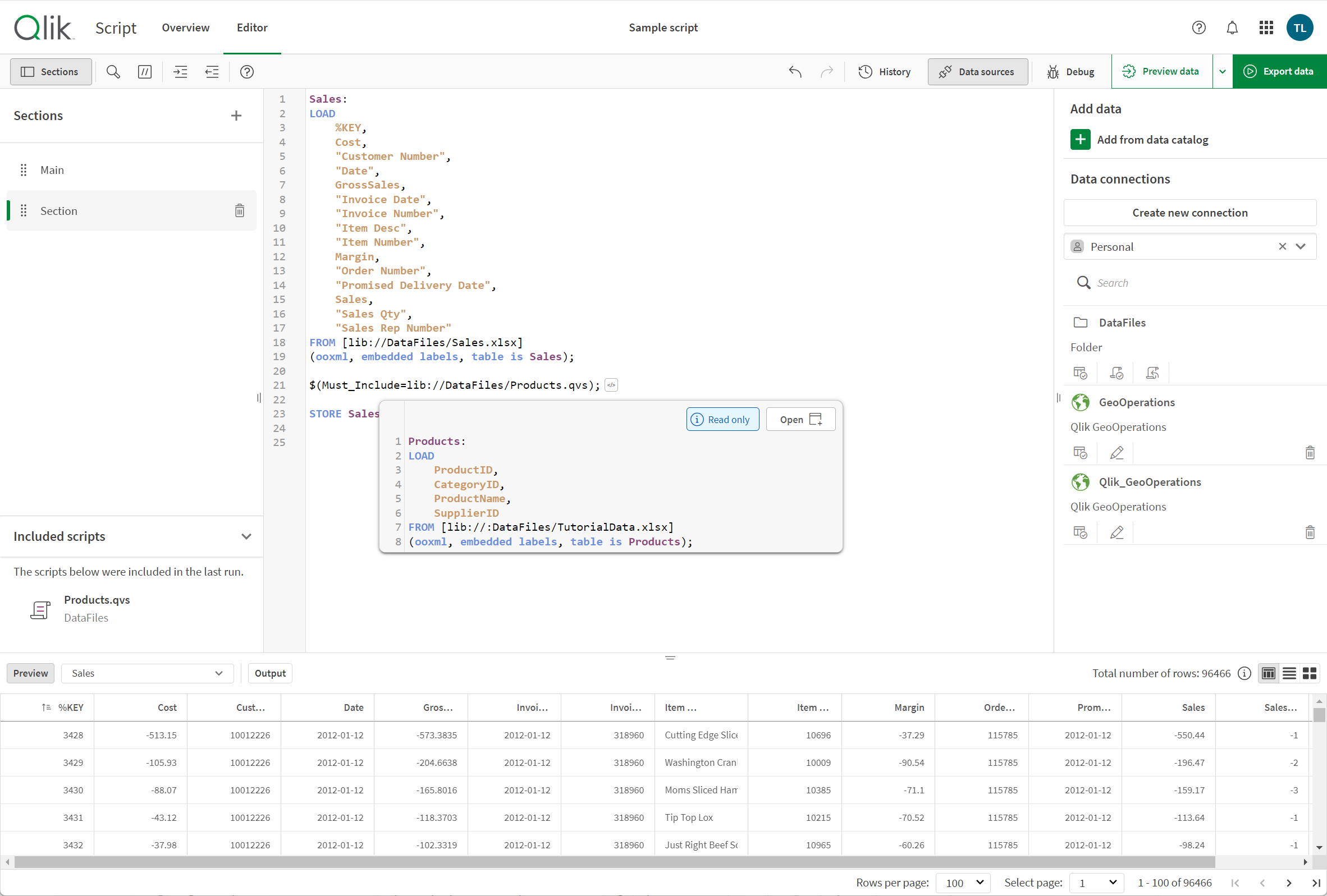 È possibile visualizzare un'anteprima dello script QVS in Script inclusi.