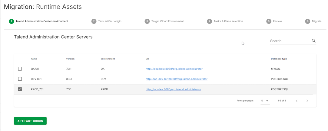Migrazione: pagina Asset di runtime per la selezione dei server TAC.
