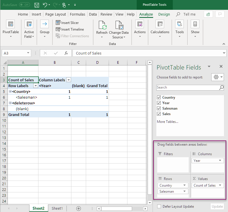 Excel report template creation with pivot table.