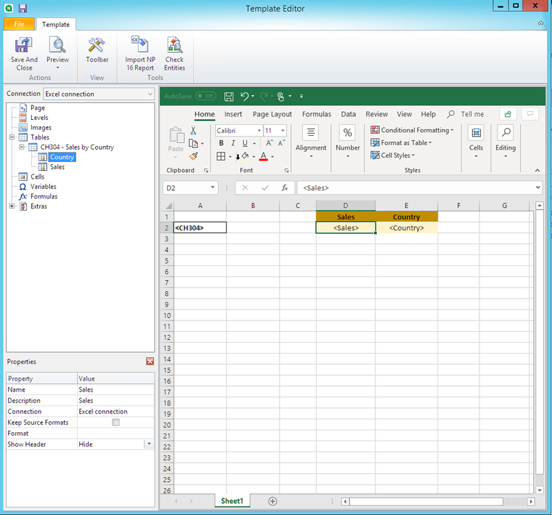 Excel report template with two tables added to the sheet.