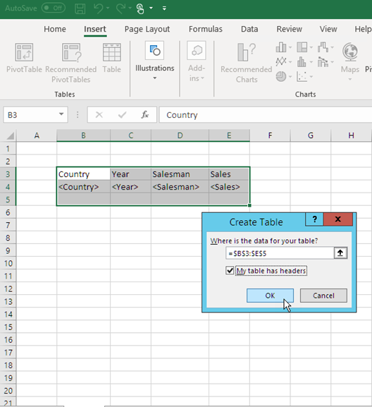 Modello di report Excel con livelli aggiunti come tabella.