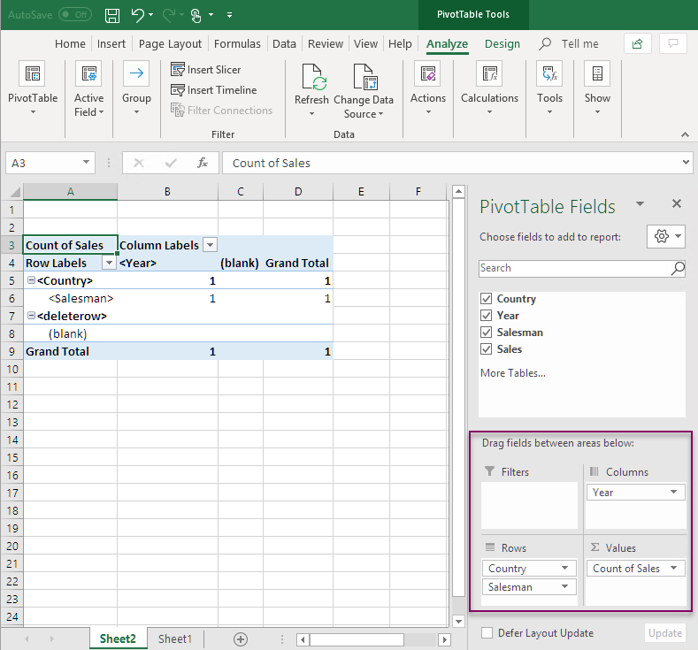 Creazione di un modello di report Excel con tabella pivot.