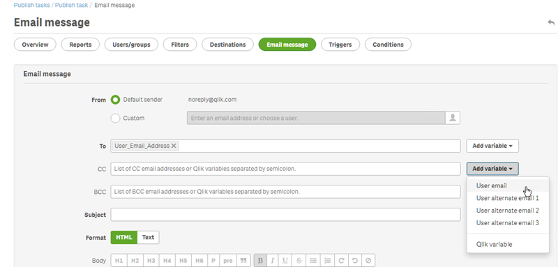 Opzioni per il destinatario dei messaggi e-mail in un'attività di pubblicazione.