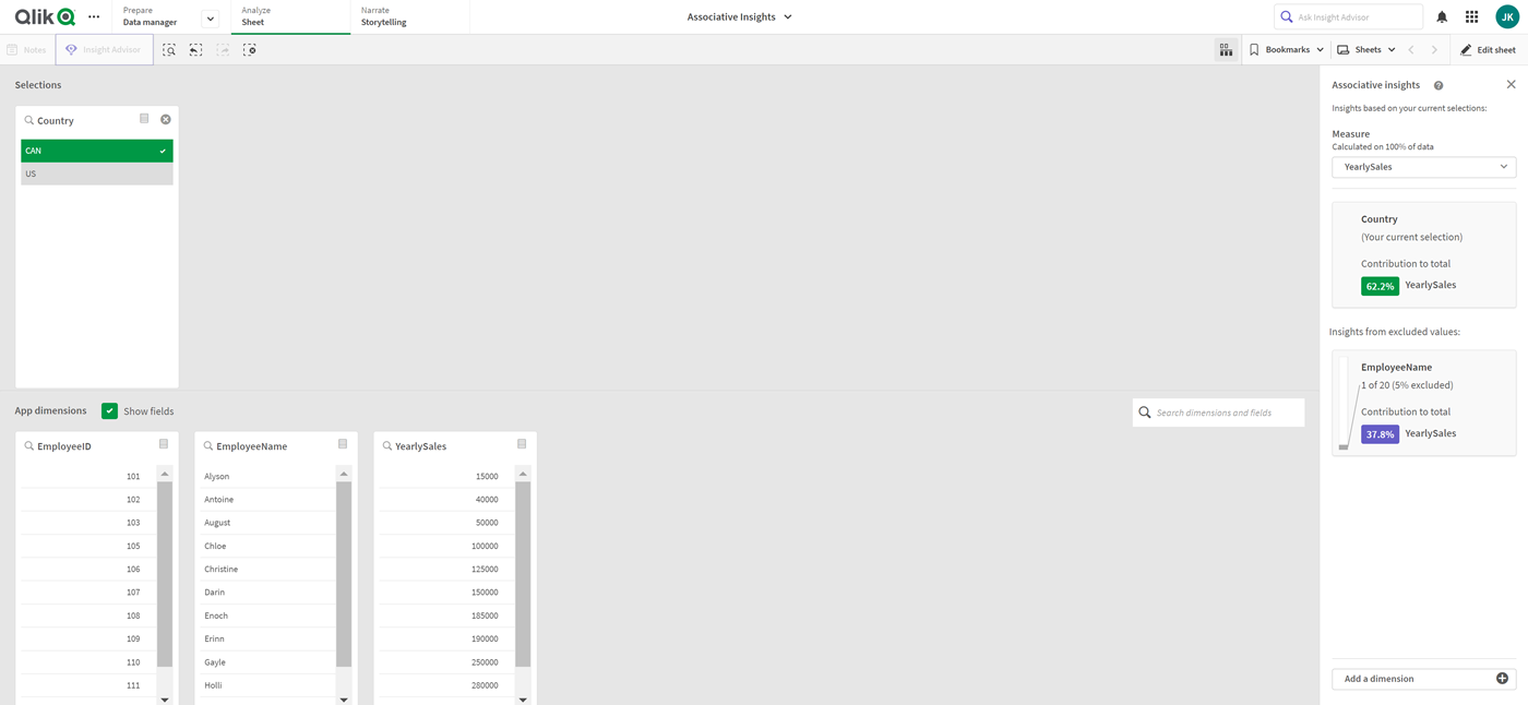 Associative insights con singola selezione