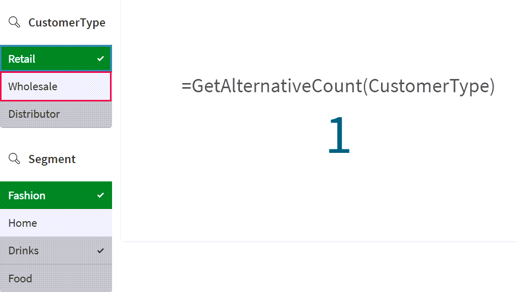 Il KPI GetAlternativeCount restituisce 1, perché c'è un solo 2 valore alternativo che è univoco ed escluso dalla selezioni nei filtri CustomerType e Segment.