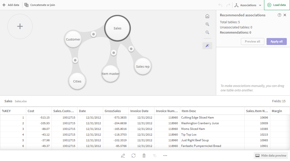 Click to view full size Associations view of the Data manager.