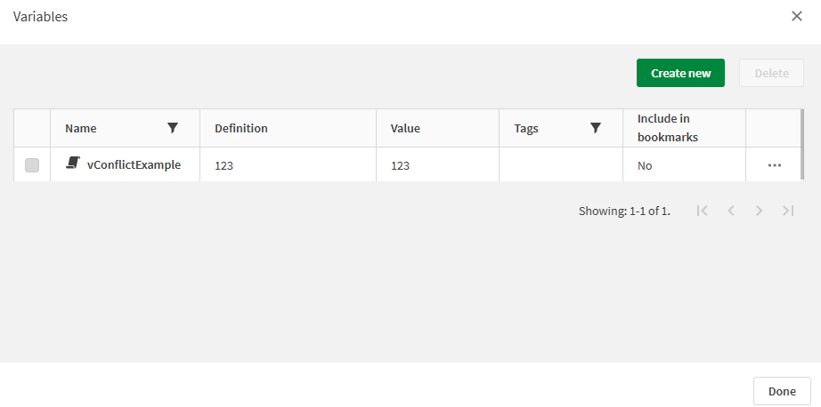 Variables dialog in sheet view showing that the script variable has successfully been created.