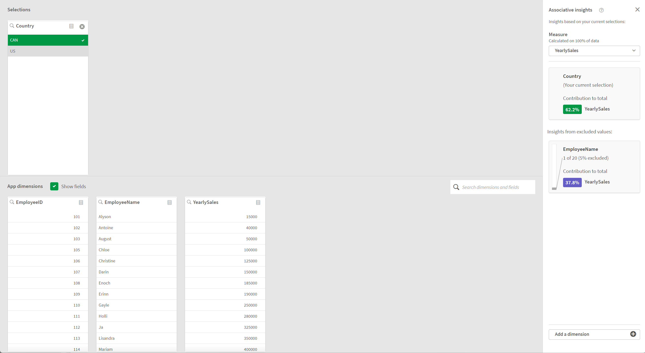 Fare clic per visualizzare a dimensioni complete Associative insights con singola selezione