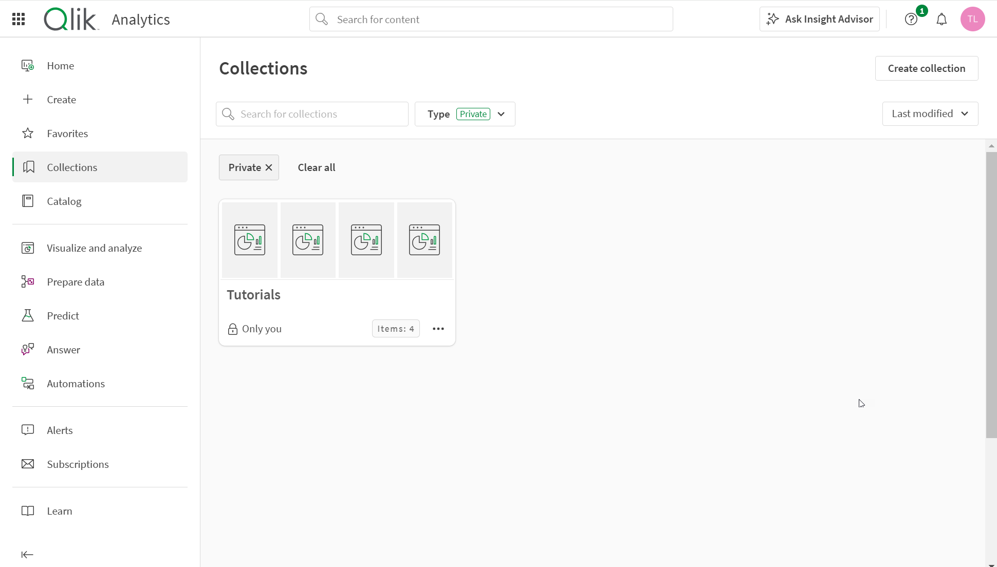単一のコレクションが表示されている、Analytics アクティビティ センターのコレクション セクション