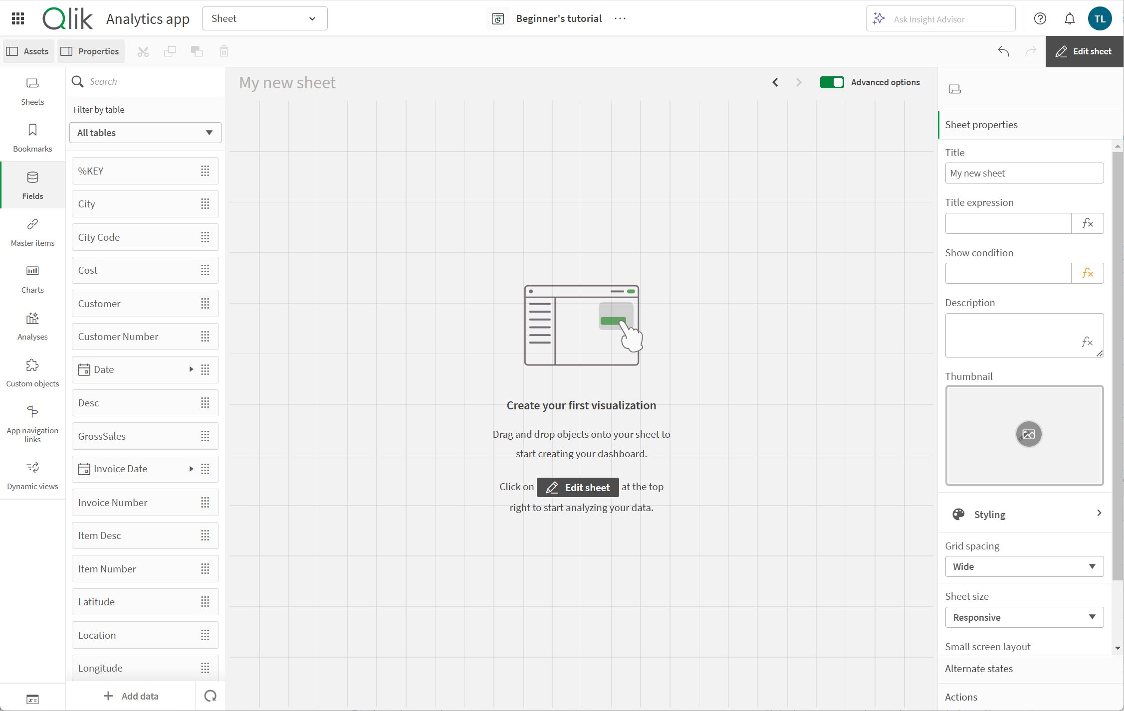 詳細オプションがオンになっている編集モードのシート。