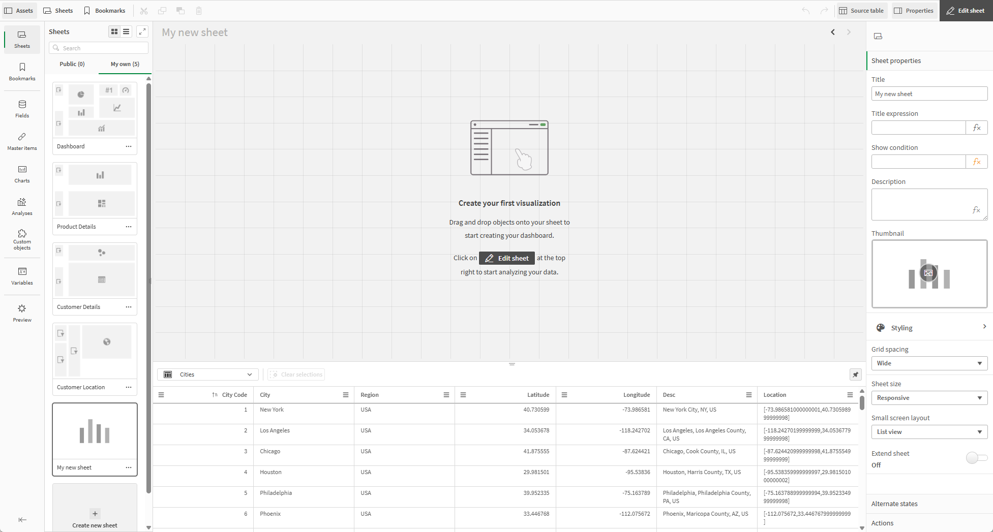 新しいシートが編集モードで開きます。
