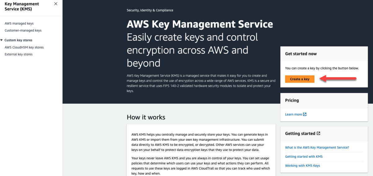 CMK キーを作成するためのボタン リンクを備えた AWS 管理コンソール。