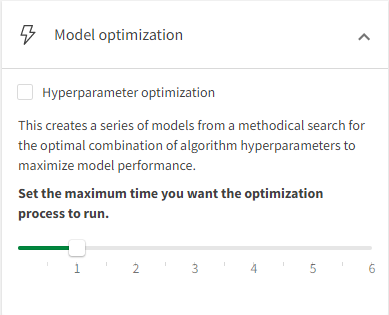 AutoML 実験の構成サイド パネルのモデルの最適化セクション。