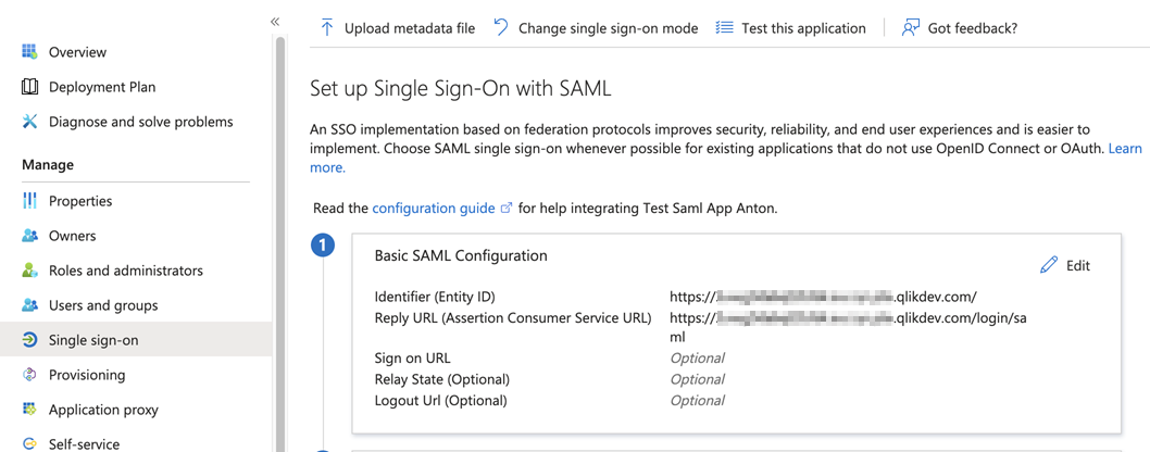 SAML の設定パネル。