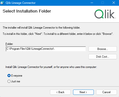 Qlik Lineage Connector ソフトウェア パッケージを保存するフォルダを選択します