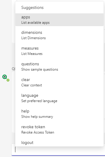 Qlik チャットボットとの個人用 Microsoft Teams チャットのメッセージ バー。使用可能なコマンドのインターフェイスがユーザーに表示される方法を示します。