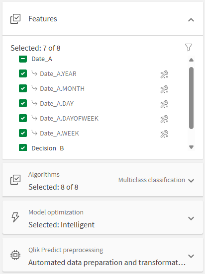クリックしてフル サイズを表示 自動設計特徴量を表示している、実験構成パネル内の特徴量セクション。