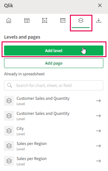 Excel アドインの [レベルとページ] タブ。追加した既存レベルとページの追加/変更や、新しいレベルとページの追加ができます