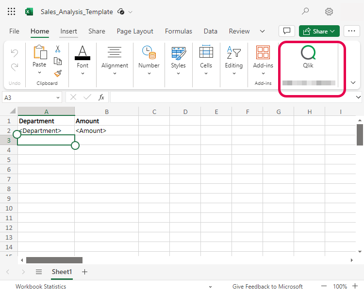 Qlik アドイン アイコンを表示する Microsoft Excel のリボン バー