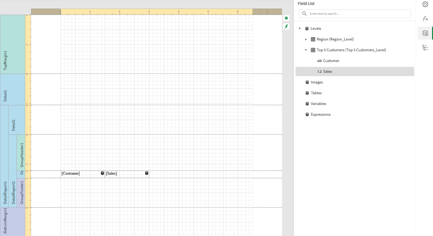 クリックしてフル サイズを表示 Template showing two labels, for Customer and Sales fields, in the Detail3 band. These labels are populated with data when the report is generated