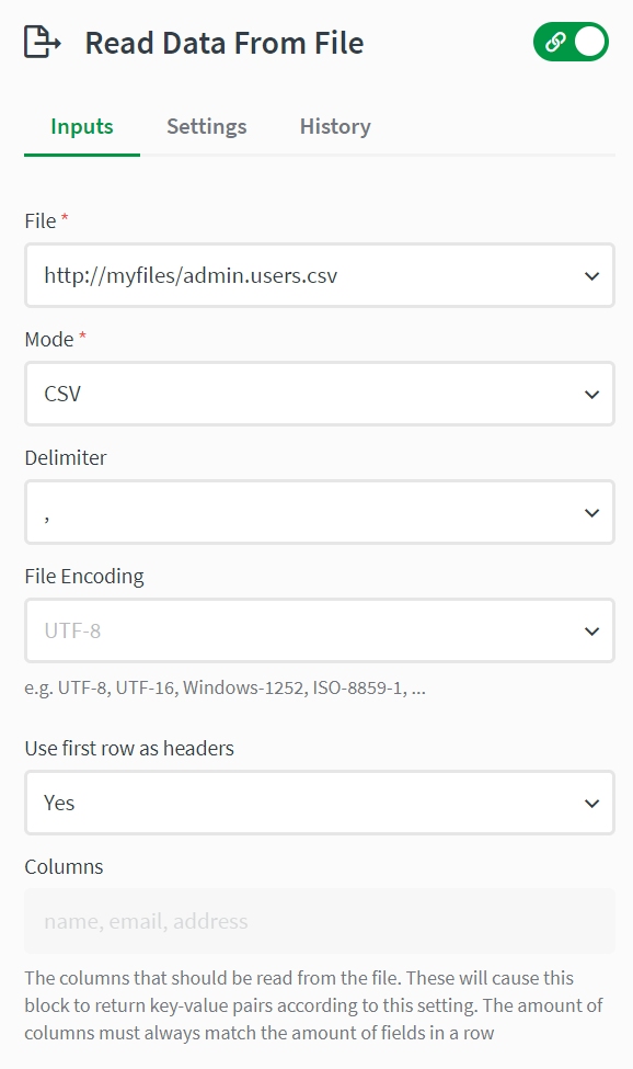 read dat from file block with csv mode selected