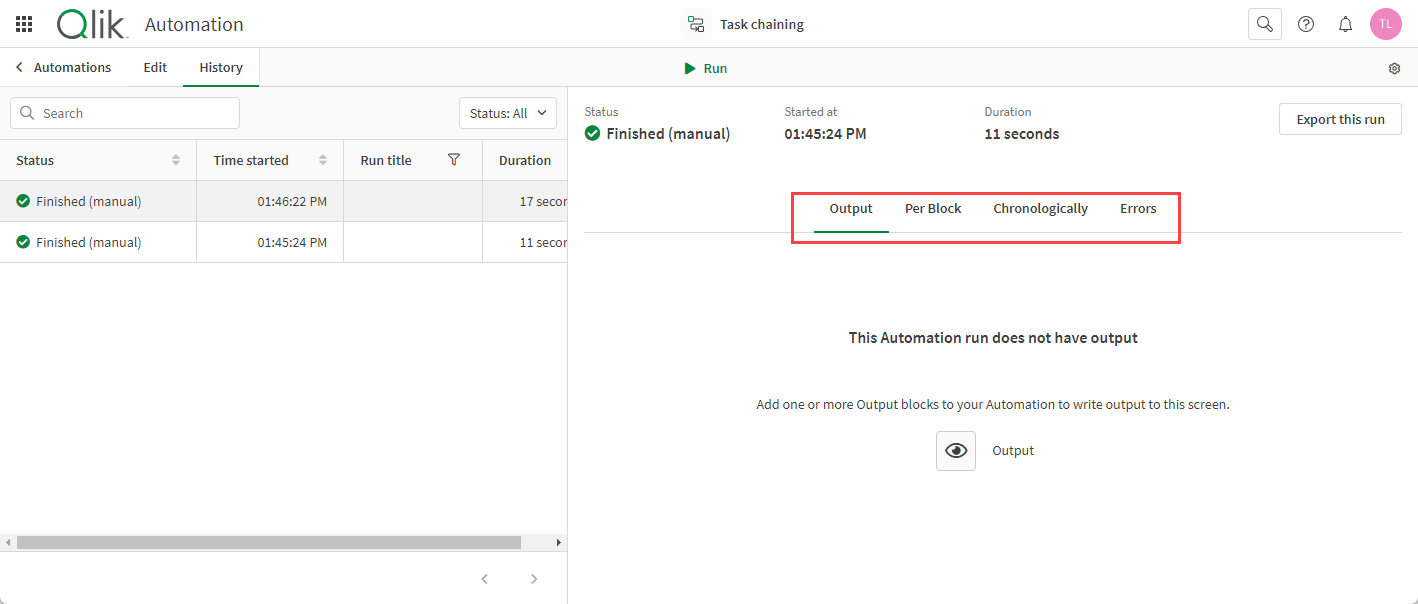 automation canvas history view showing history of runs and output