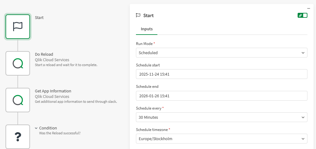 The schedule configuration on the Start block of the automation.