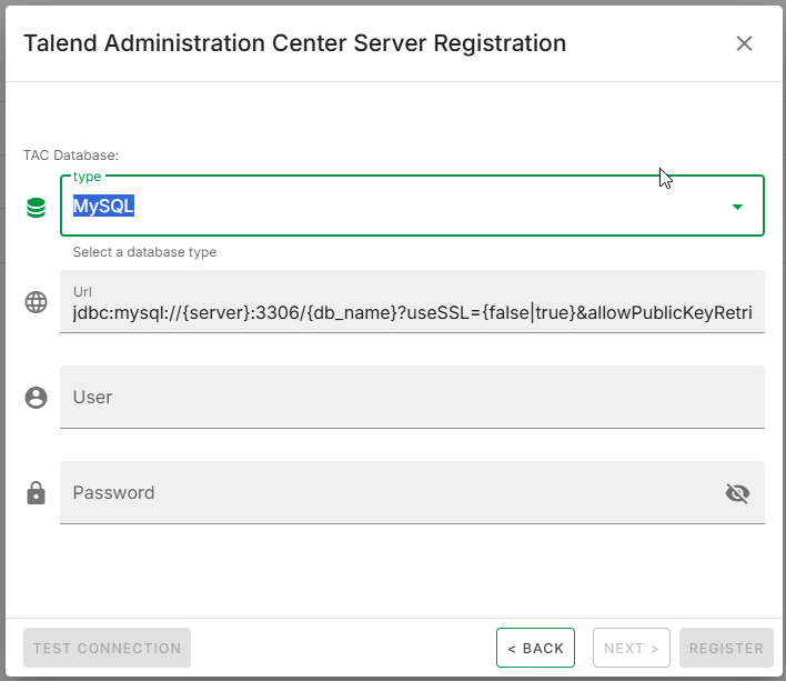 Talend Administration Centerサーバー登録ページ
