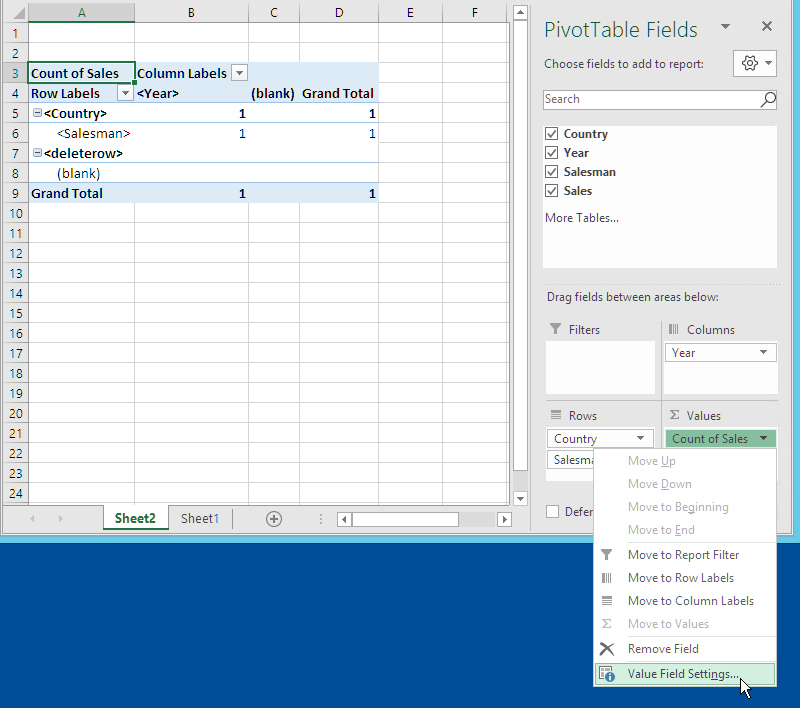 Excel report template with levels added as table.