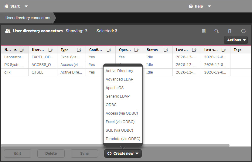 新しいユーザー ディレクトリ コネクタを作成するときは、Active Directory、LDAP、Apache、およびいくつかの ODBC の選択肢から選択します。