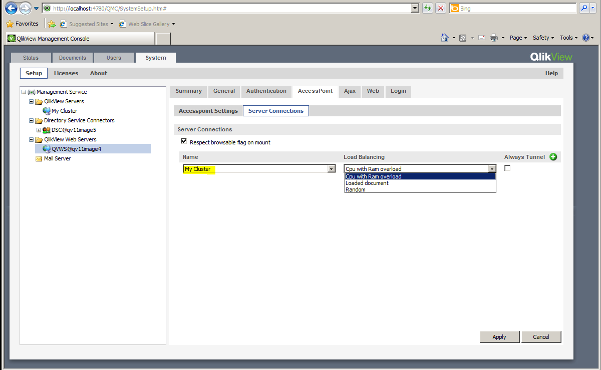 [システム] > [設定] > [QlikView Web サーバー] > [AccessPoint] > [サーバー接続] の下にある QMC。