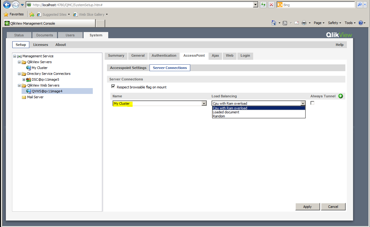 QlikView 管理コンソール。