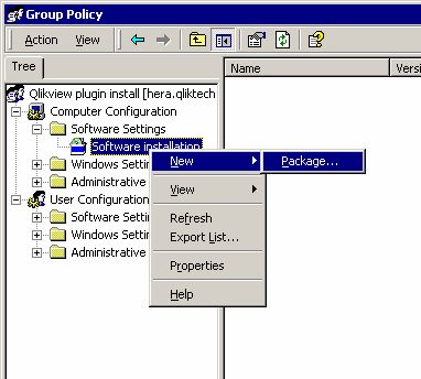 Software Installation has been right-clicked. New > Package is selected.