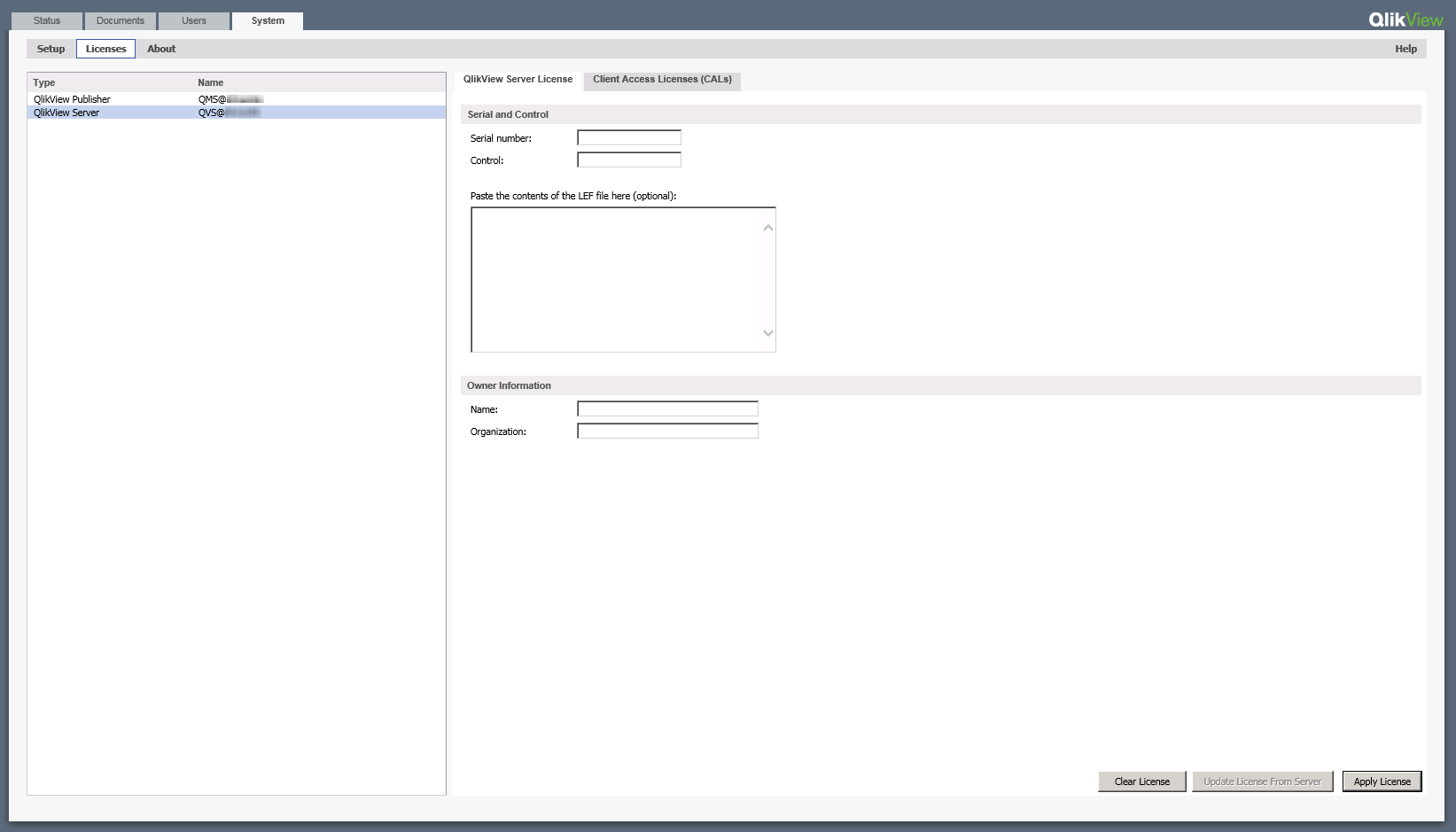 QlikView の System/Licenses タブ。