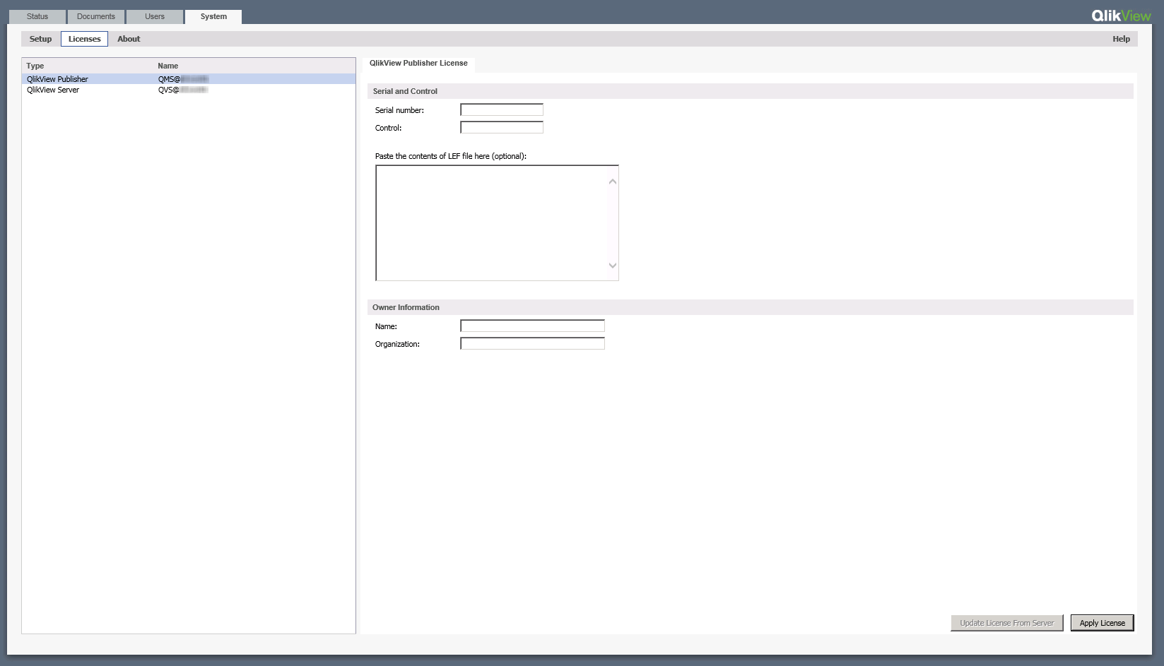 QlikView の System/Licenses タブ。