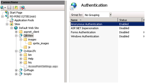 The Authentication screen. Anonymous Authentication is enabled.