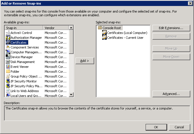 The Add or Remove Snap-ins window, with Certificates (Local Computer) and Certificates - Current User added on the right.