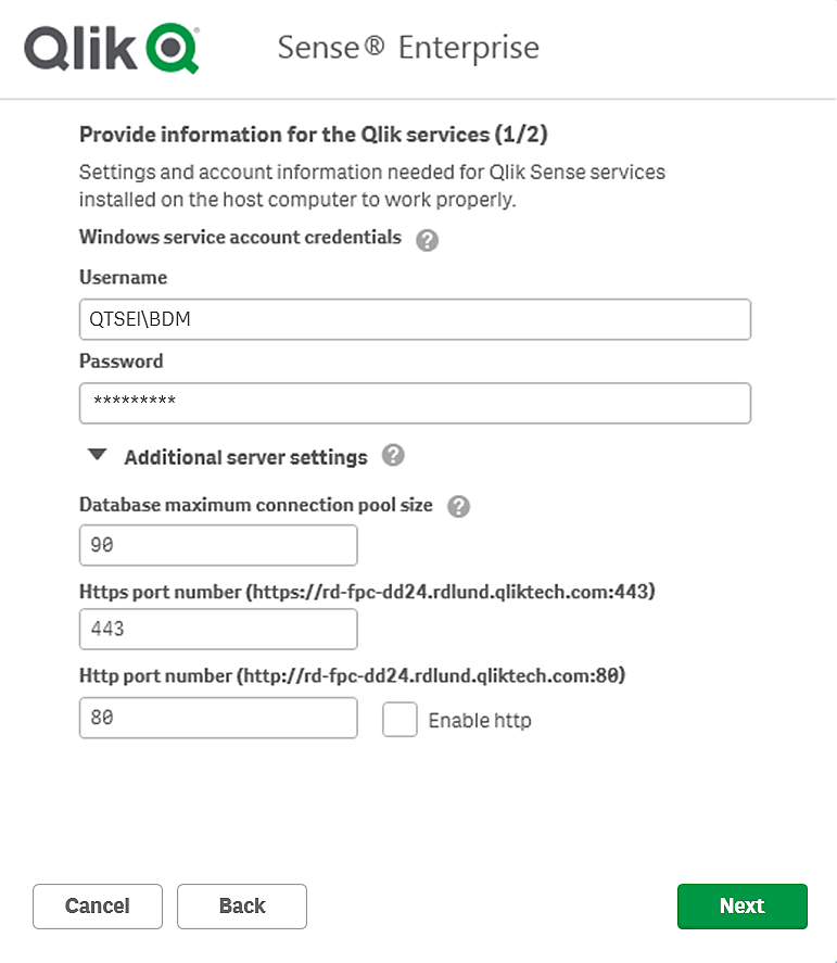 ローカル サービスを実行するためのユーザー名とパスワードを入力するサービス 1/2 ウィンドウ