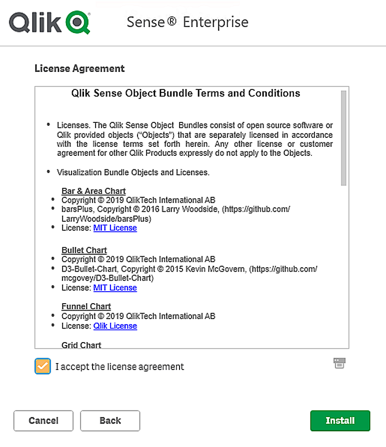 すべてのオプションが選択された状態で、Qlik Sense インストーラーから画面をインストールする準備ができました。