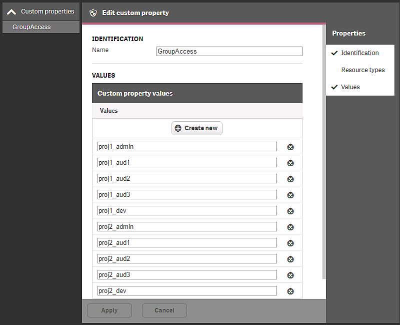 The Edit custom property screen. The Name value is set to GroupAccess, and all user groups are added.
