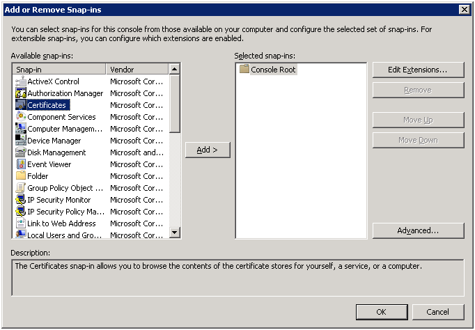 The Add or Remove Snap-ins window. "Certificates" is selected.