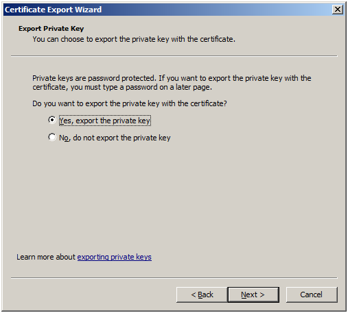 The Export Private Key screen. "Yes, export the private key" is selected.
