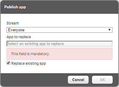 The Publish app interface with a message saying "This field is mandatory" as the user has the "App to replace" textbox active