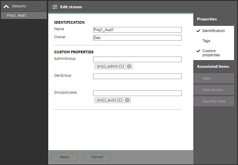 The Edit stream screen. The value proj1_admin (1) has been added to the AdminGroup field.