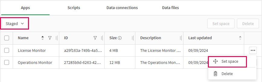 Click to view full size The Apps page in Qlik Cloud with filter for Staged apps. Option to Set space for app showing.