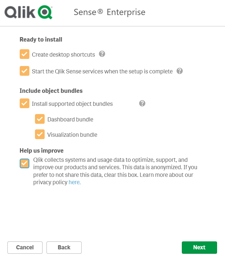 すべてのオプションが選択された状態で、Qlik Sense インストーラーから画面をインストールする準備ができました。